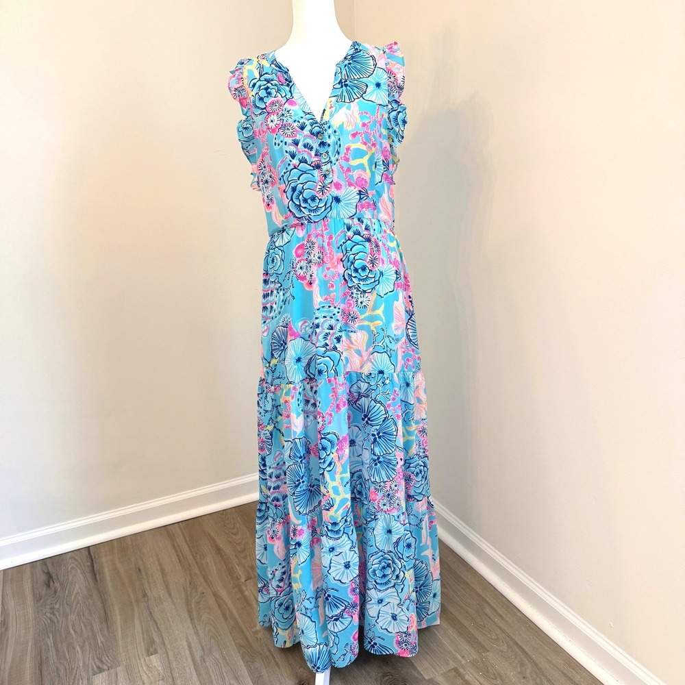 Lilly Pulitzer Floral Maxi Dress Women Size 8 Blue Pink Ruffle Tiered Resort - Picture 2 of 9